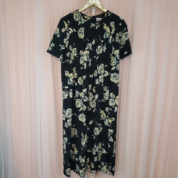 Vintage 90s Sunshine and Starshine Womens Black Floral Pleated Midi Dress sz 10 - Picture 1 of 9